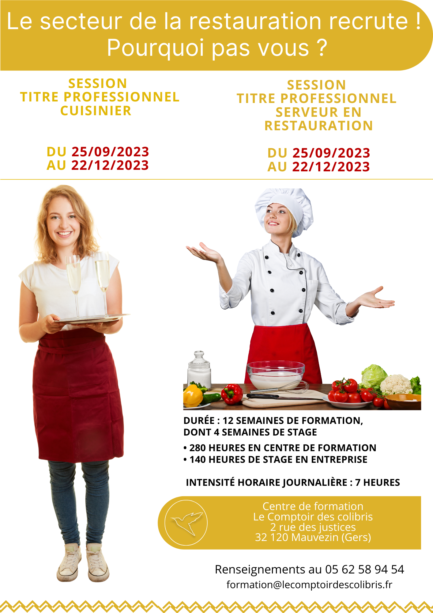 Prochaine session Titres professionnels Serveur et cuisinier : 25/09/23 au 22/12/2023